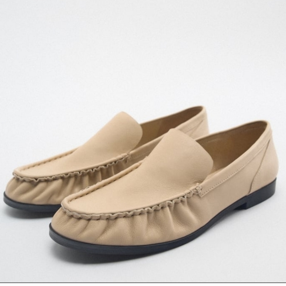 Zara Nude Ruched Leather Slip-On Loafers